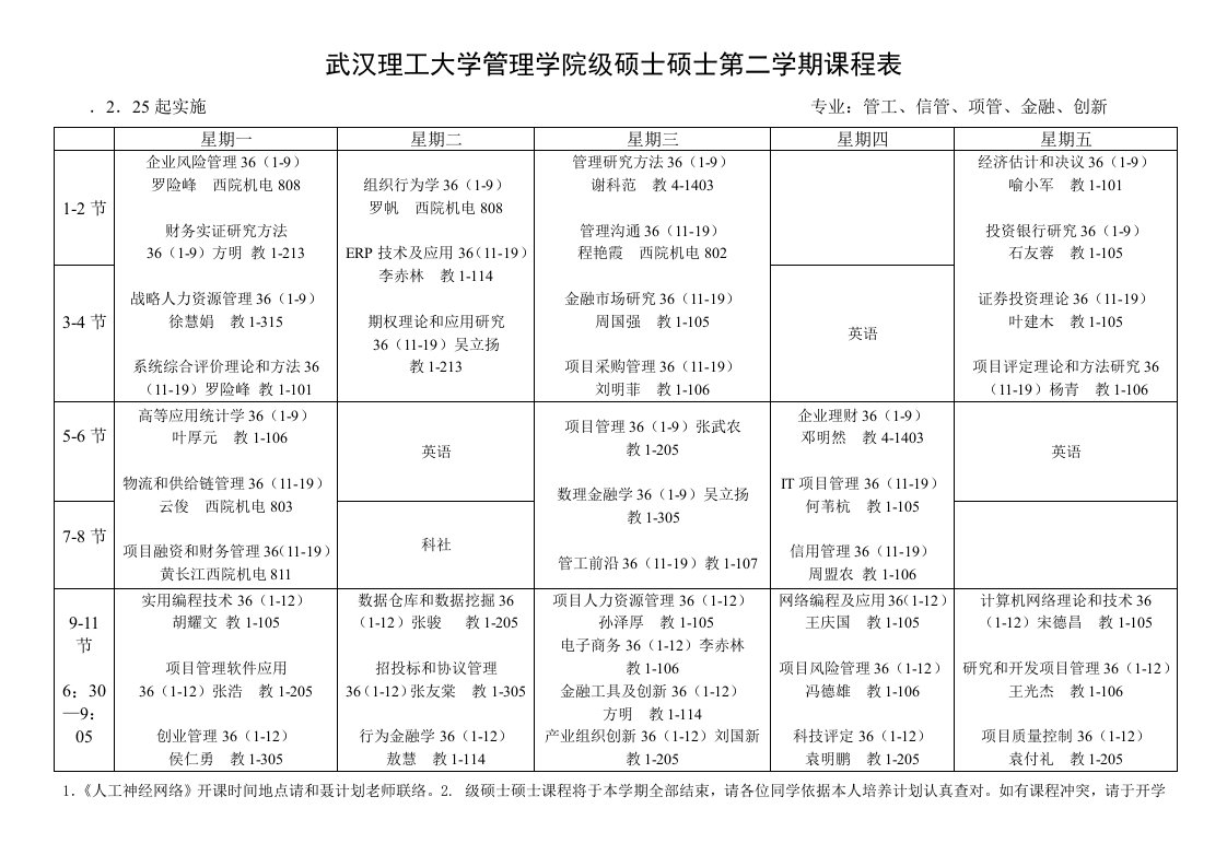 武汉理工大学管理学院级硕士研究生第二学期课程表样稿