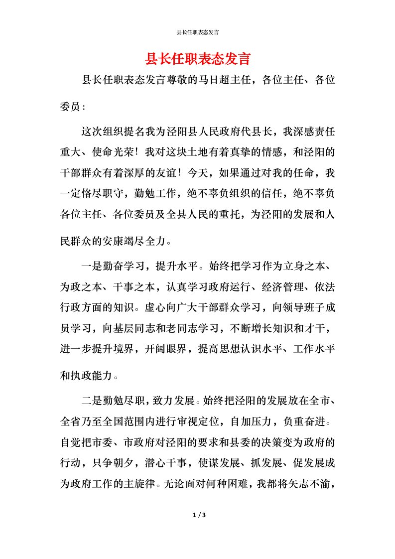 精编县长任职表态发言