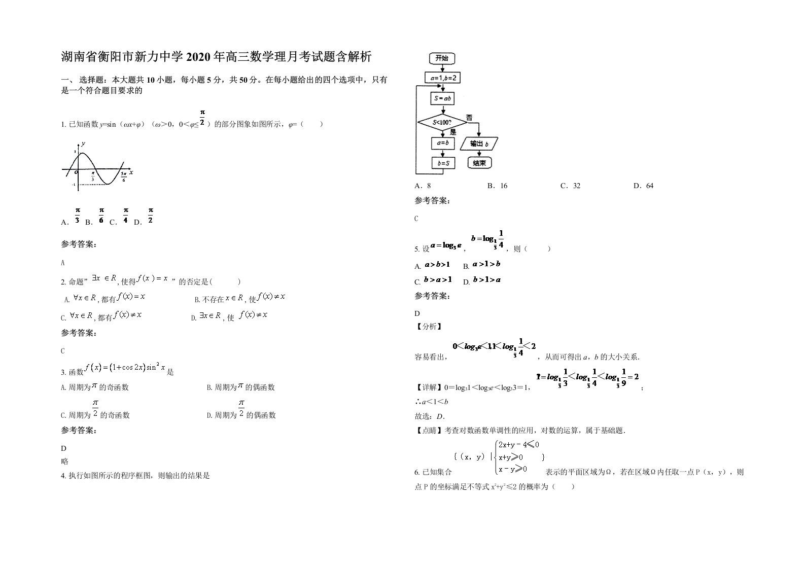 湖南省衡阳市新力中学2020年高三数学理月考试题含解析