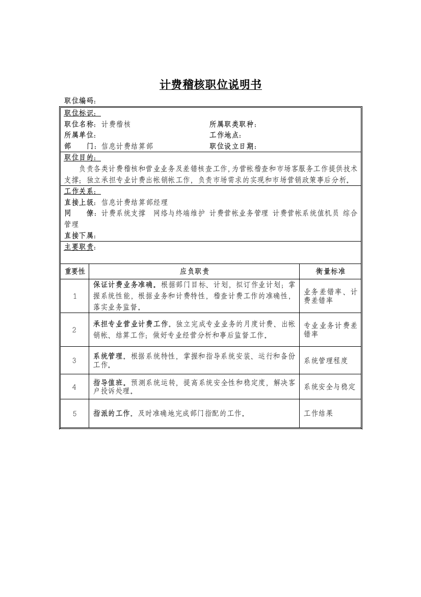 计费稽核岗位说明书