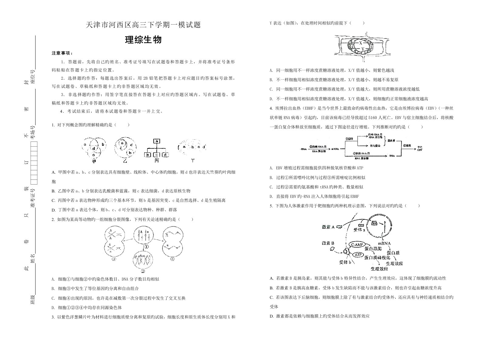 天津市河西区高三第一次模拟考试卷生物