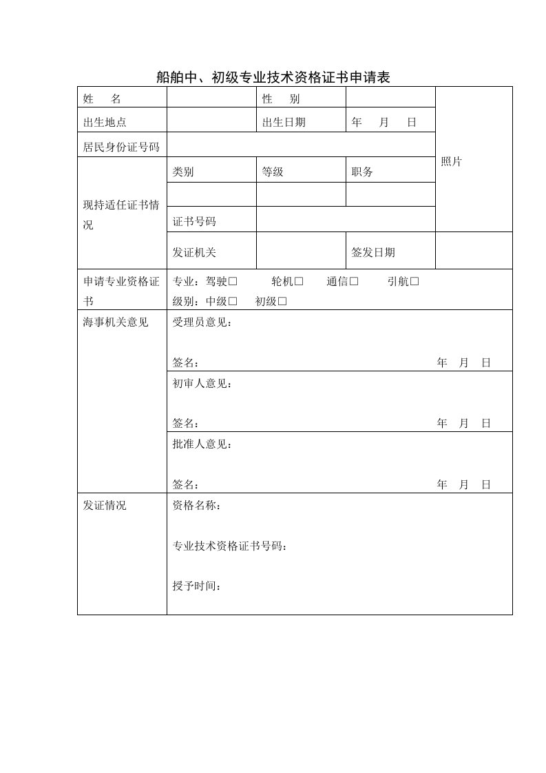 船舶中、初级专业技术资格证书申请表