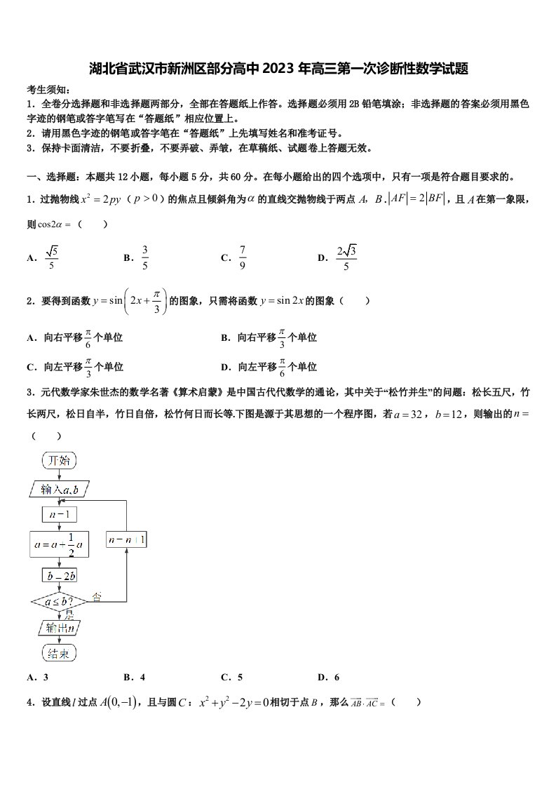 湖北省武汉市新洲区部分高中2023年高三第一次诊断性数学试题