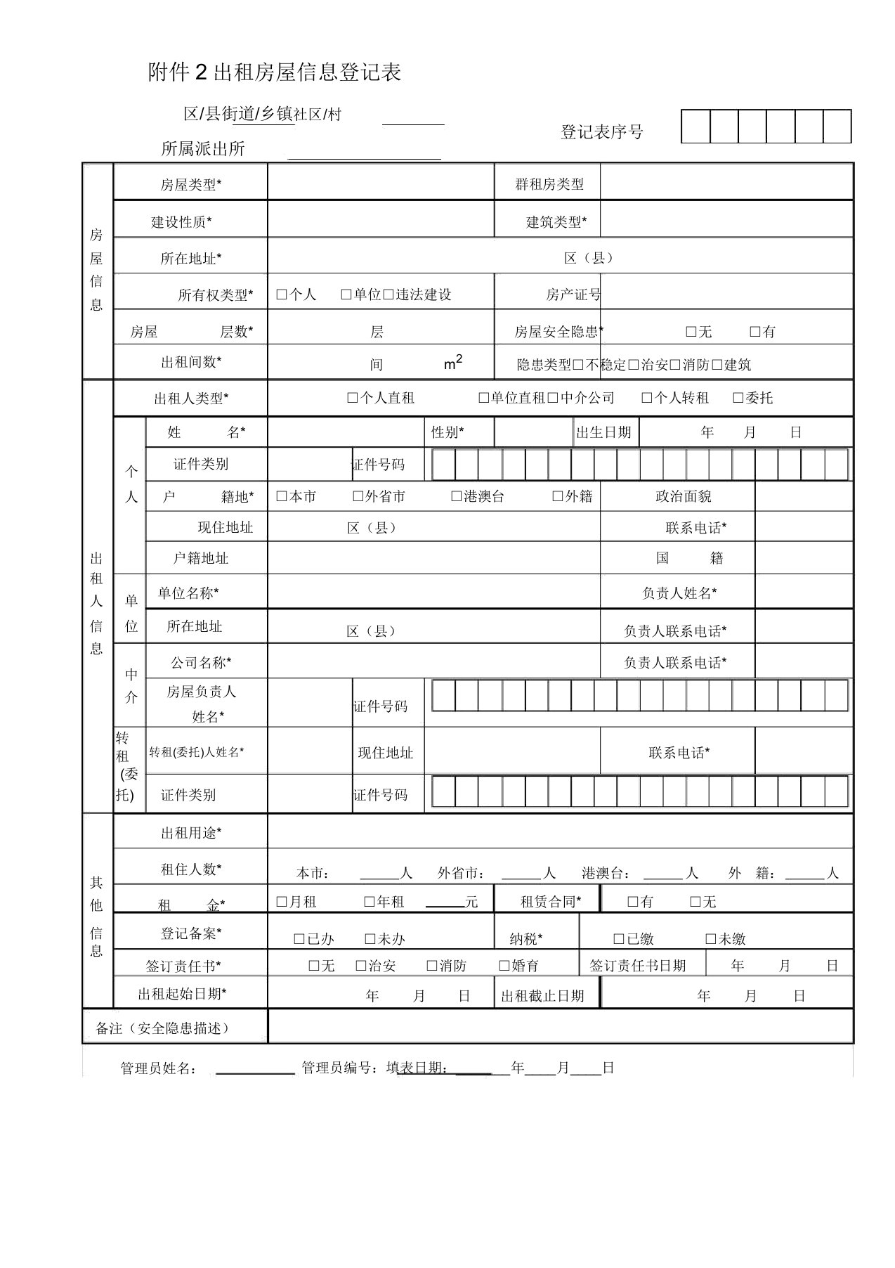 出租房屋信息登记表