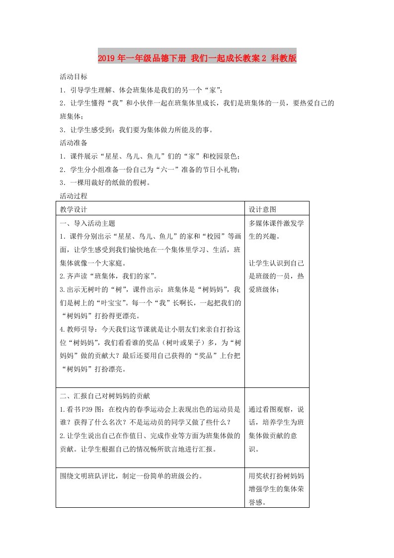 2019年一年级品德下册