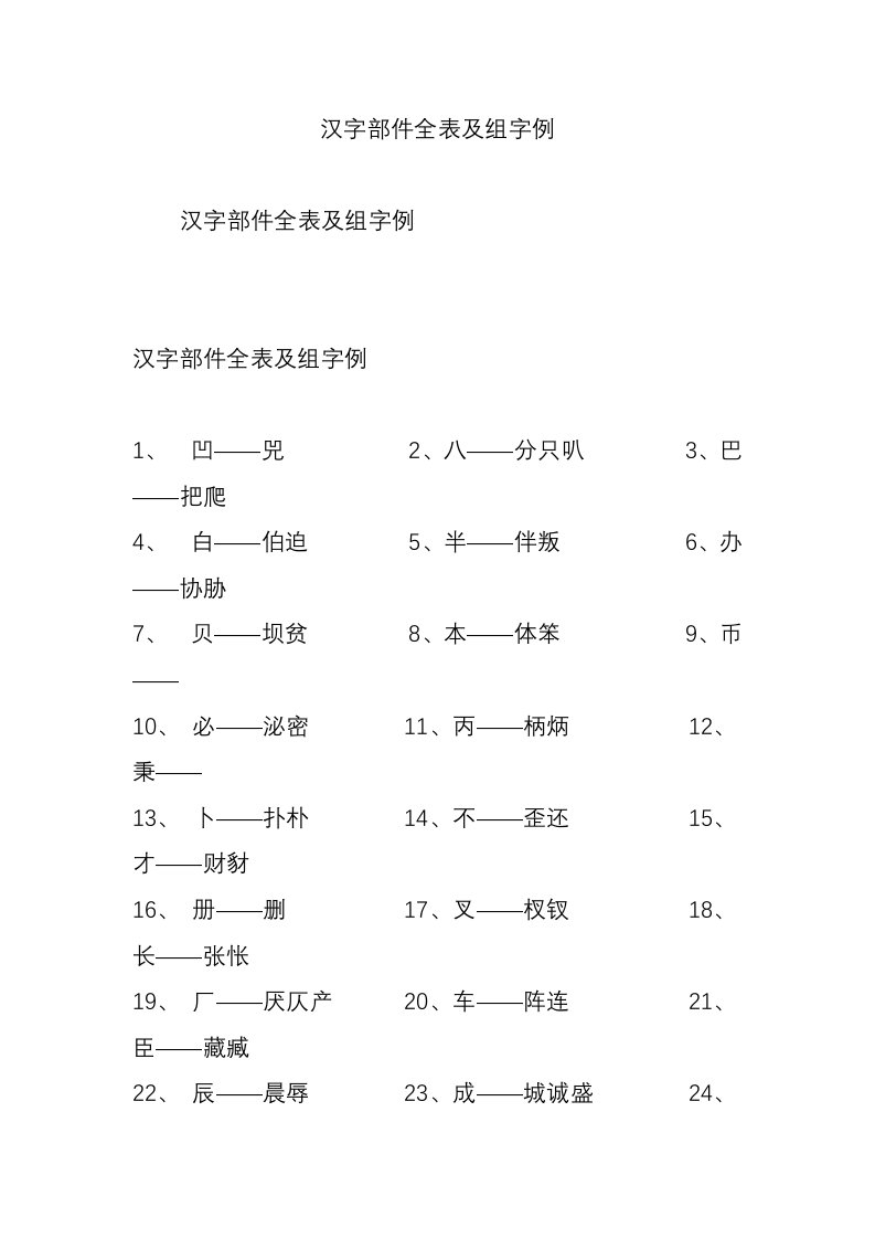 汉字部件全表及组字例