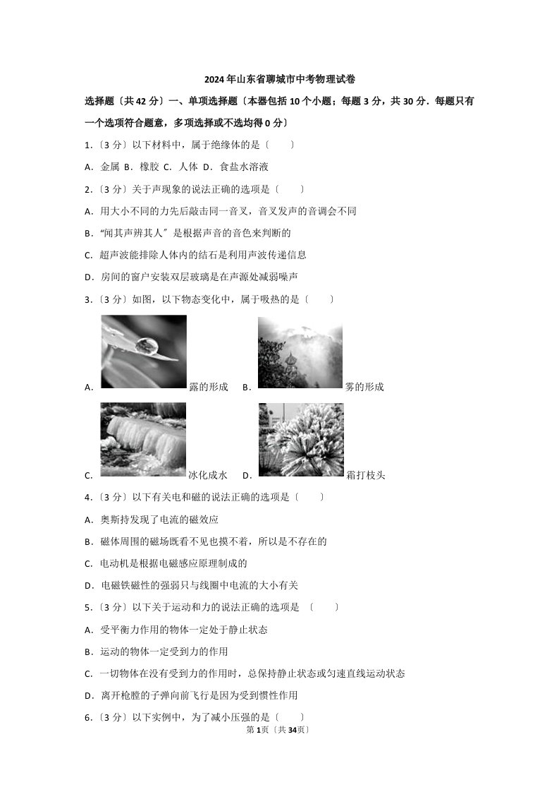 2024年山东省聊城市中考物理试题(解析版)