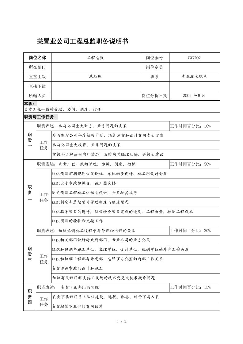 某置业公司工程总监职务说明书