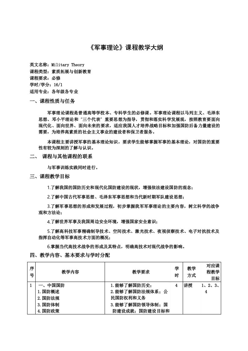 《军事理论》课程教学大纲