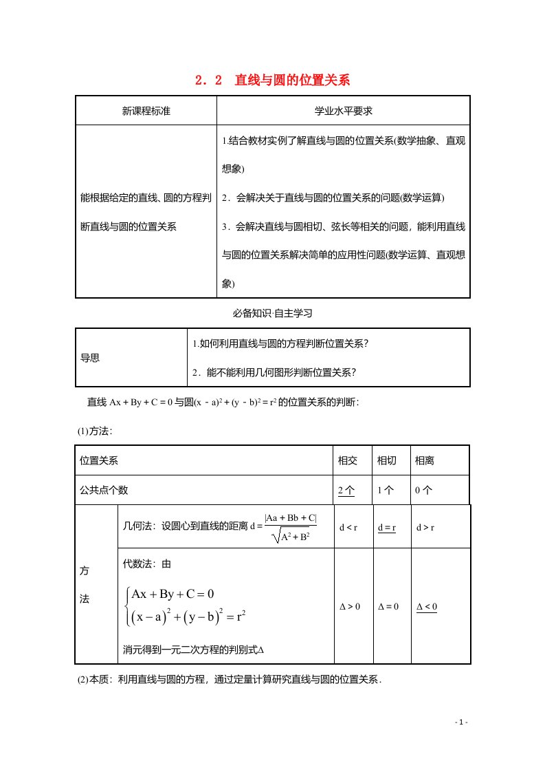 2021_2022学年新教材高中数学第二章圆与方程2.2直线与圆的位置关系学案含解析苏教版选择性必修第一册