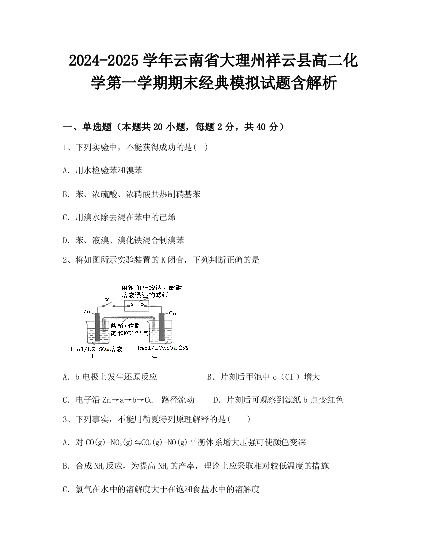 2024-2025学年云南省大理州祥云县高二化学第一学期期末经典模拟试题含解析