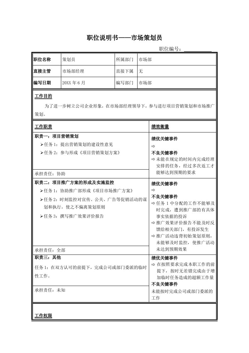 策划方案-职位说明书——市场部策划员