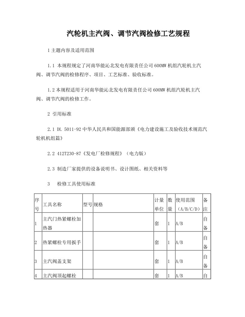 汽轮机主汽阀、调节汽阀检修工艺规程(沁北)