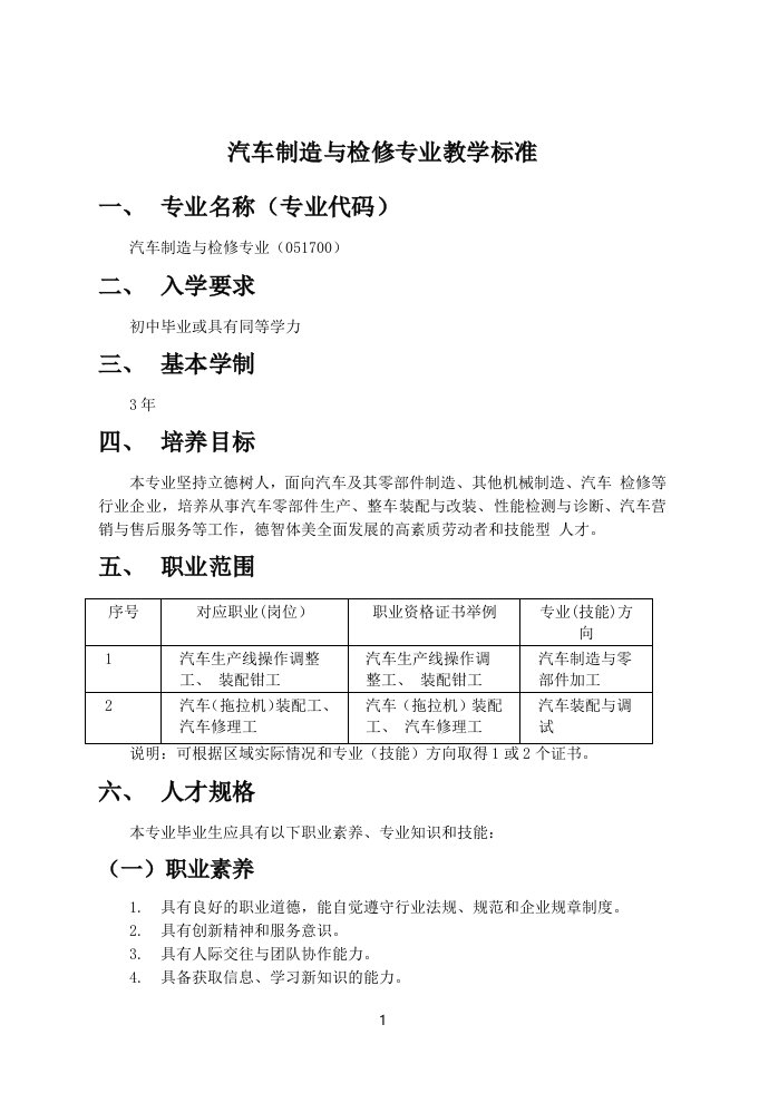 汽车制造与检修专业教学标准