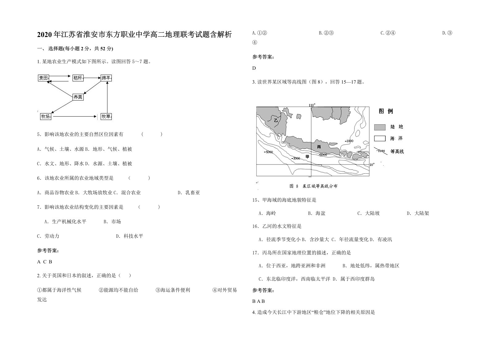 2020年江苏省淮安市东方职业中学高二地理联考试题含解析