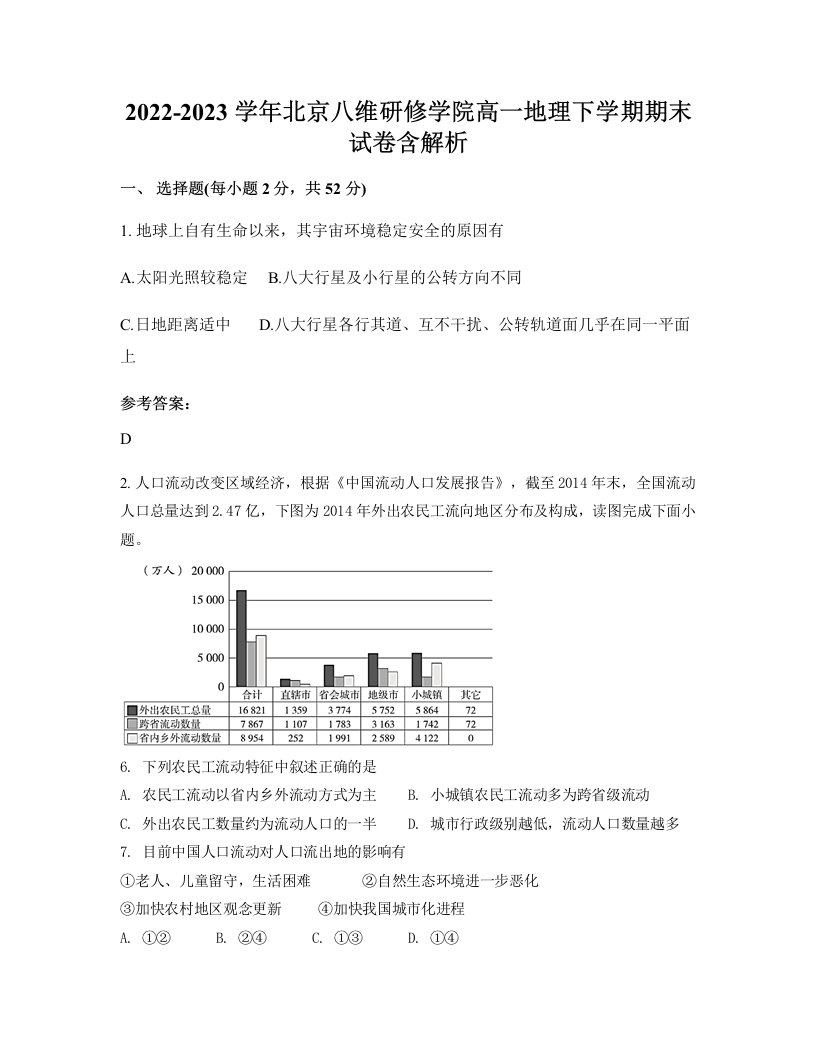 2022-2023学年北京八维研修学院高一地理下学期期末试卷含解析