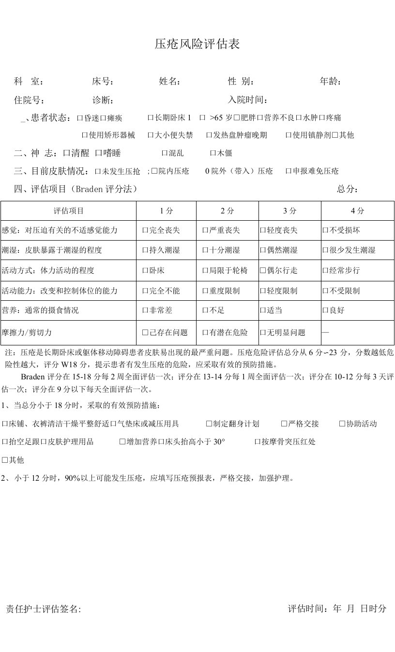 压疮风险评估表