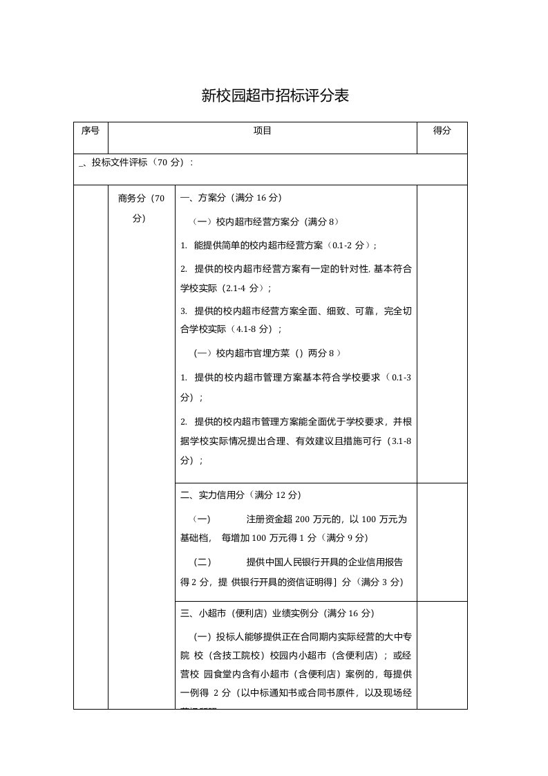 新校园超市招标评分表