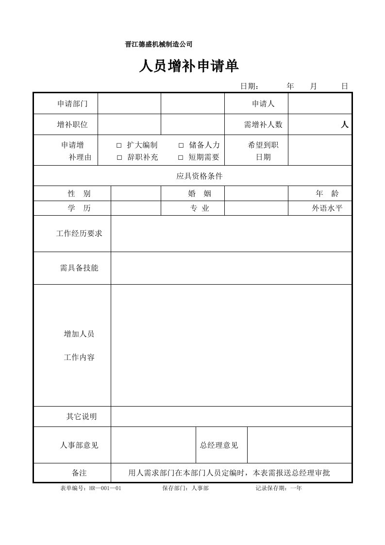 晋江德盛机械制造公司人力资源管理表格汇编