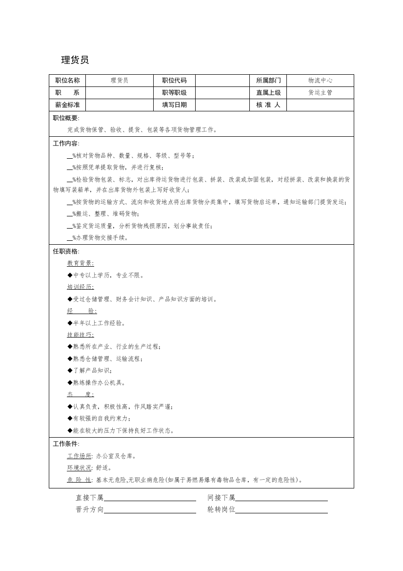 理货员职位说明书