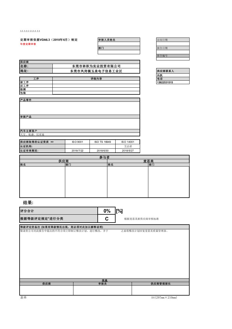 供应商过程审核报告VDA6.3