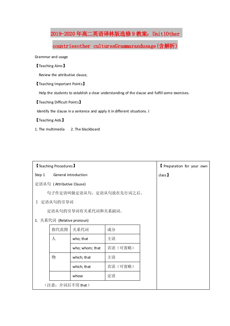 2019-2020年高二英语译林版选修9教案：Unit1Other