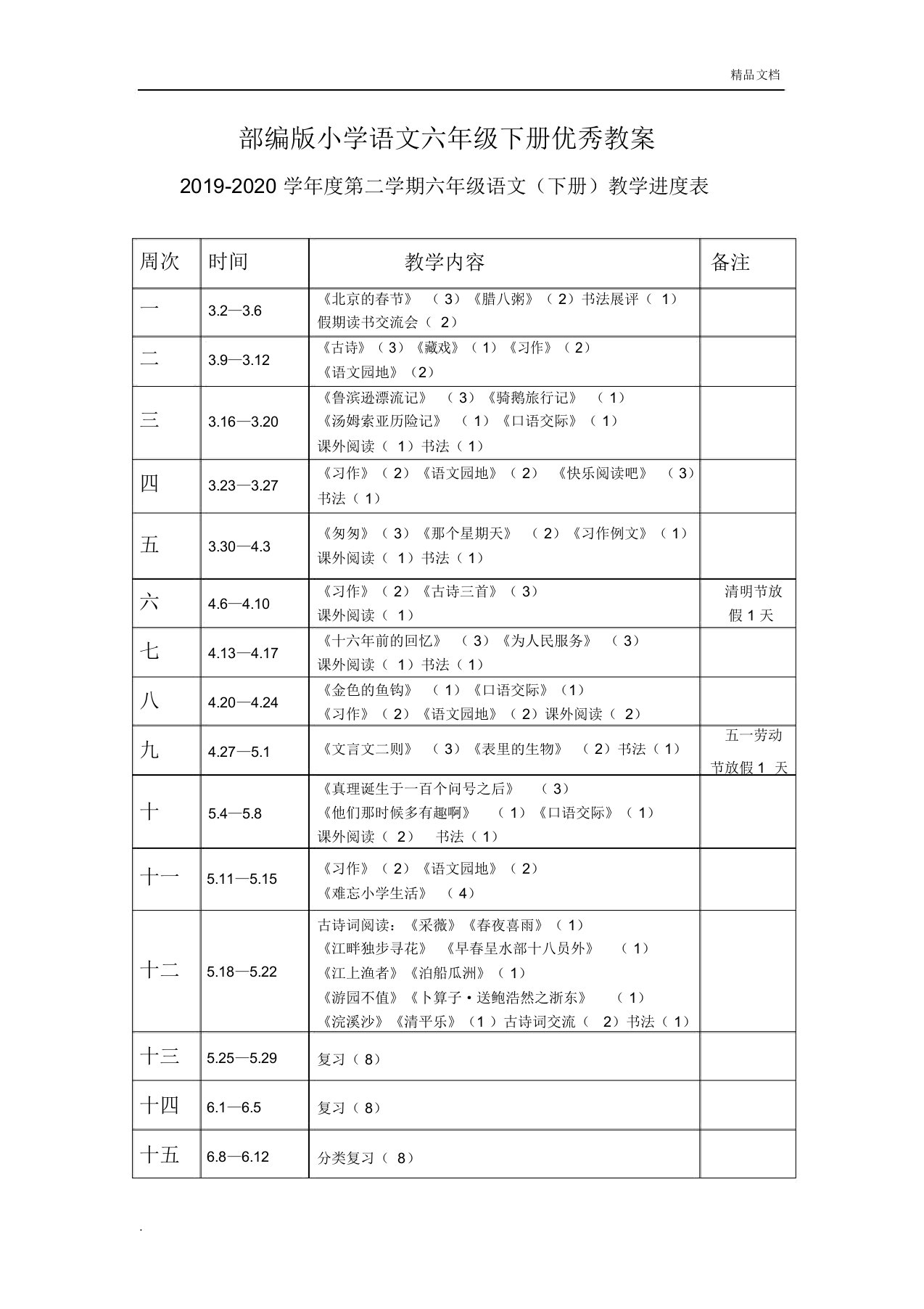 2020年部编版小学语文六年级下册优秀教案全册