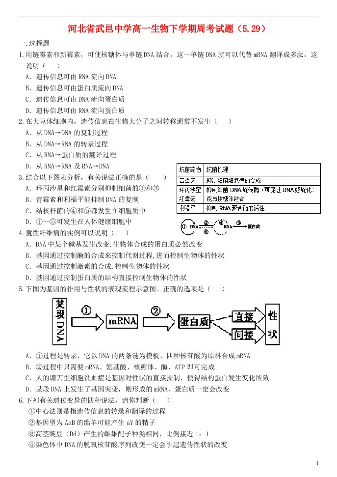 河北省武邑中学高一生物下学期周考试题（5.29）