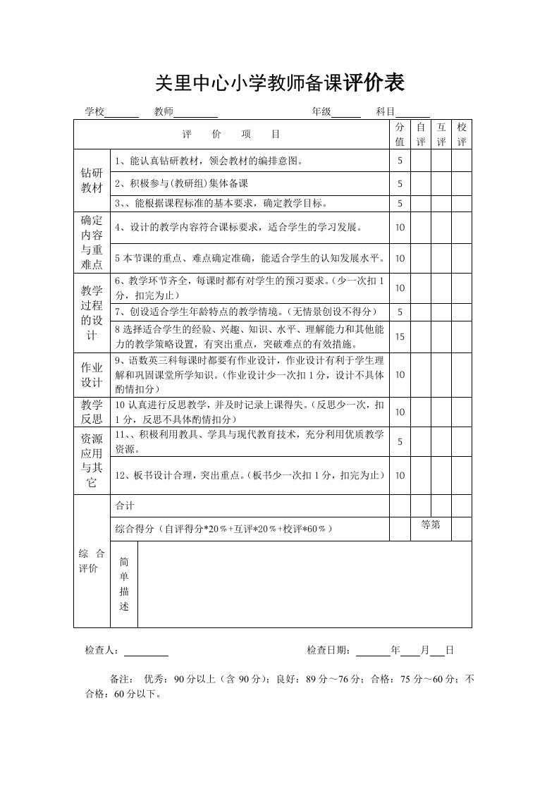 关里中心小学教师备课评价表