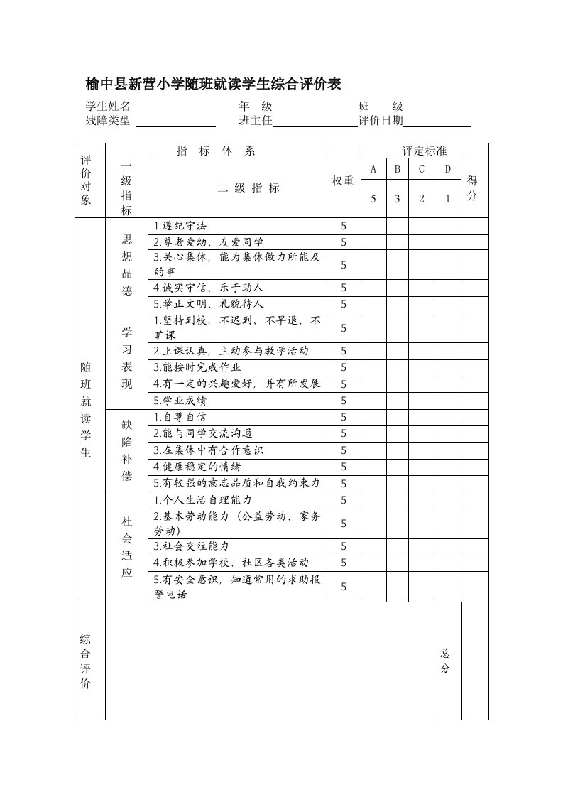 随班就读学生综合评价表