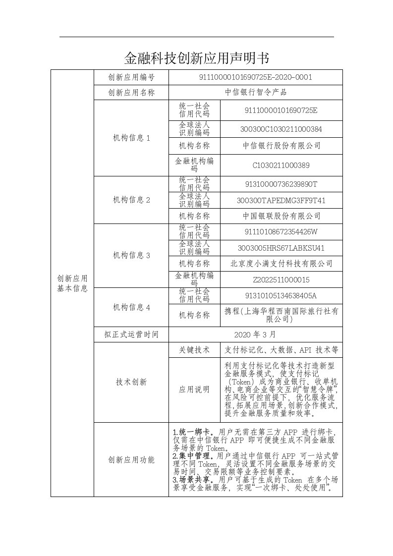 金融科技创新应用声明书