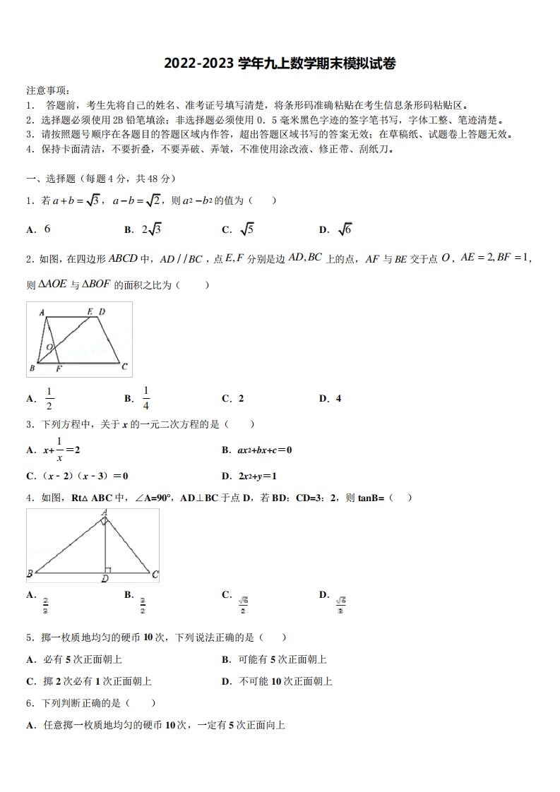 2023届广东省汕头市澄海区数学九年级第一学期期末学业水平测试模拟试题含解析