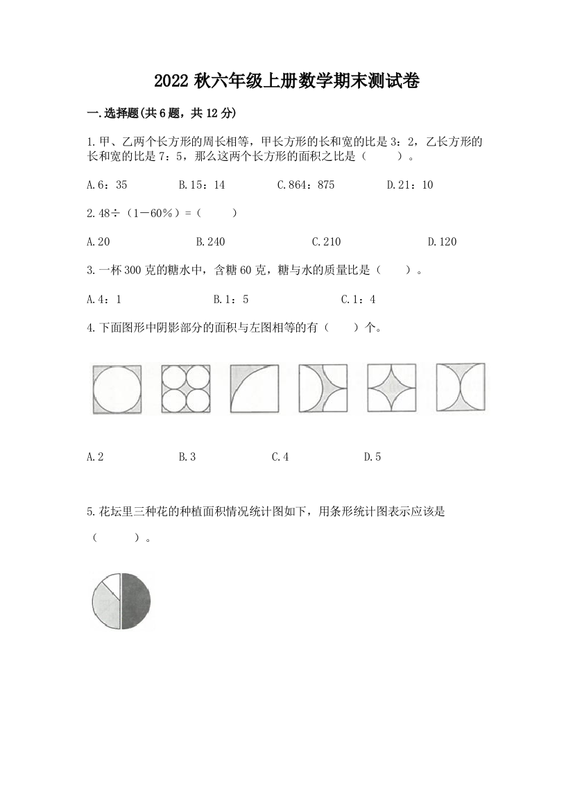 2022秋六年级上册数学期末测试卷(中心小学)