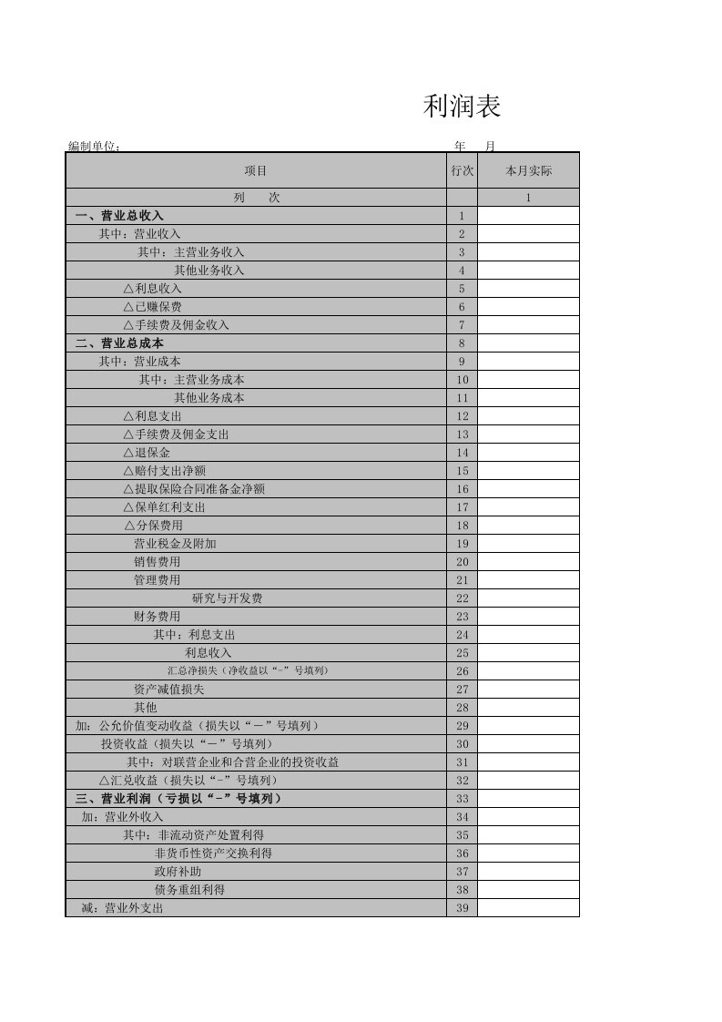 大企业利润表模板