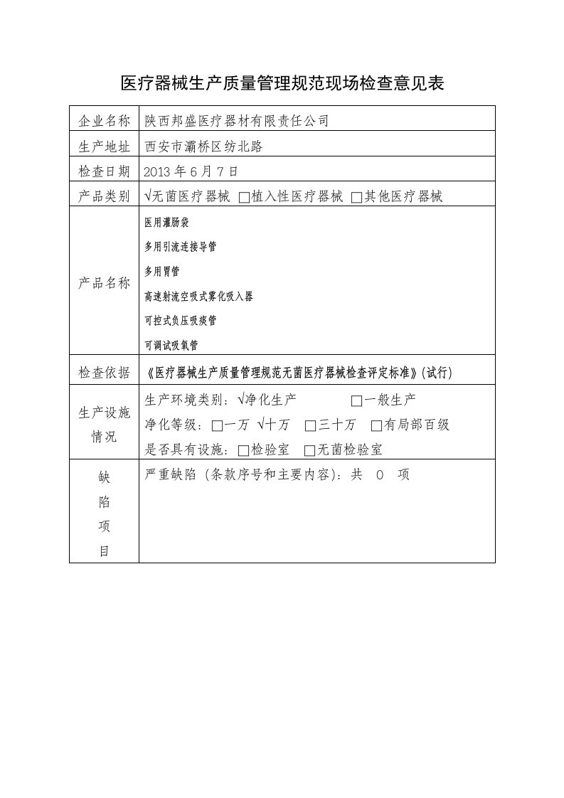 邦盛稿医疗器械生产质量管理规范现场检查意见表