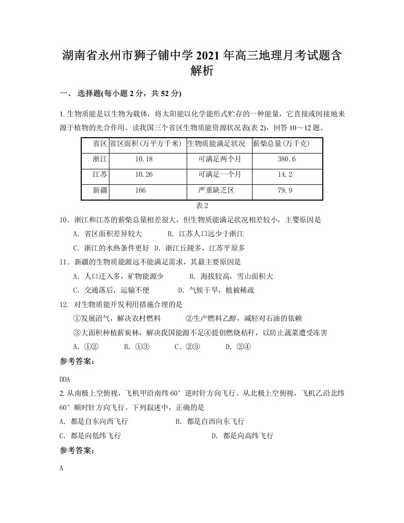 湖南省永州市狮子铺中学2021年高三地理月考试题含解析