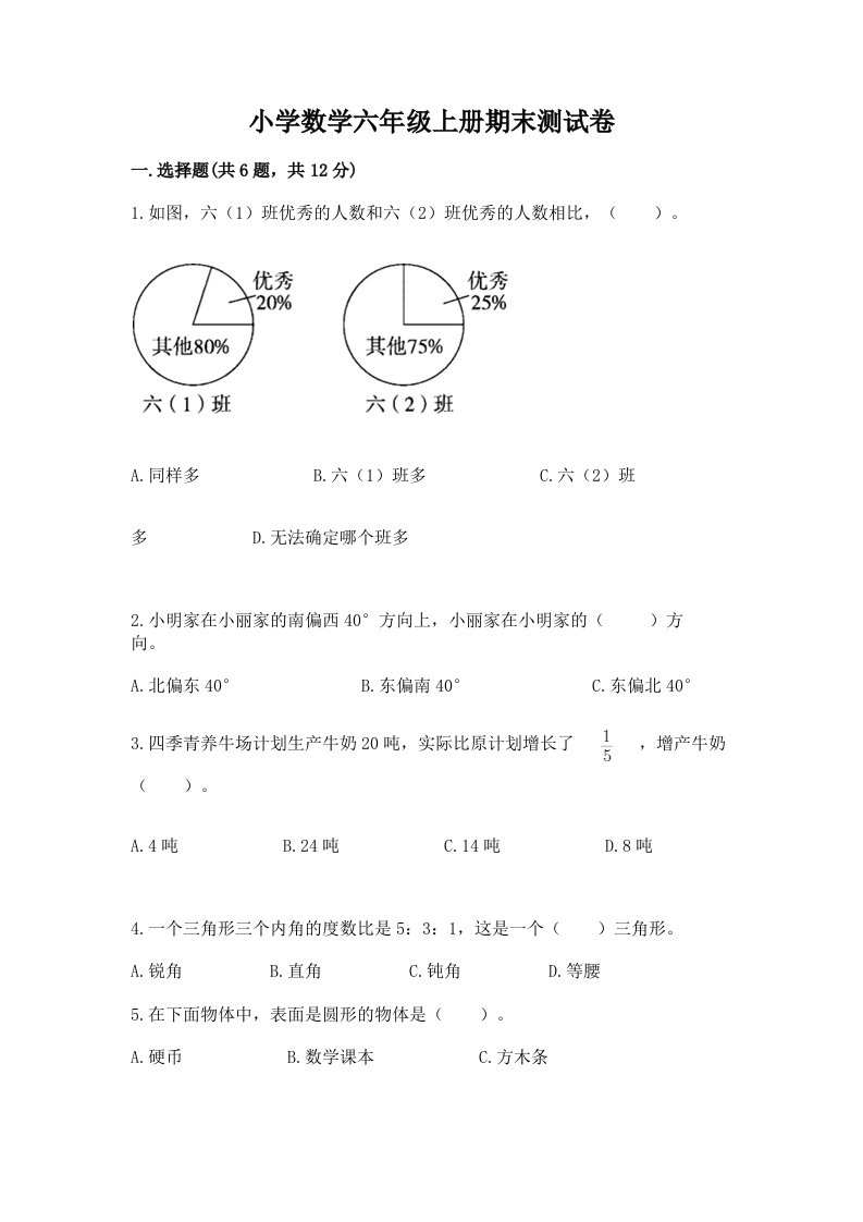 小学数学六年级上册期末测试卷精品