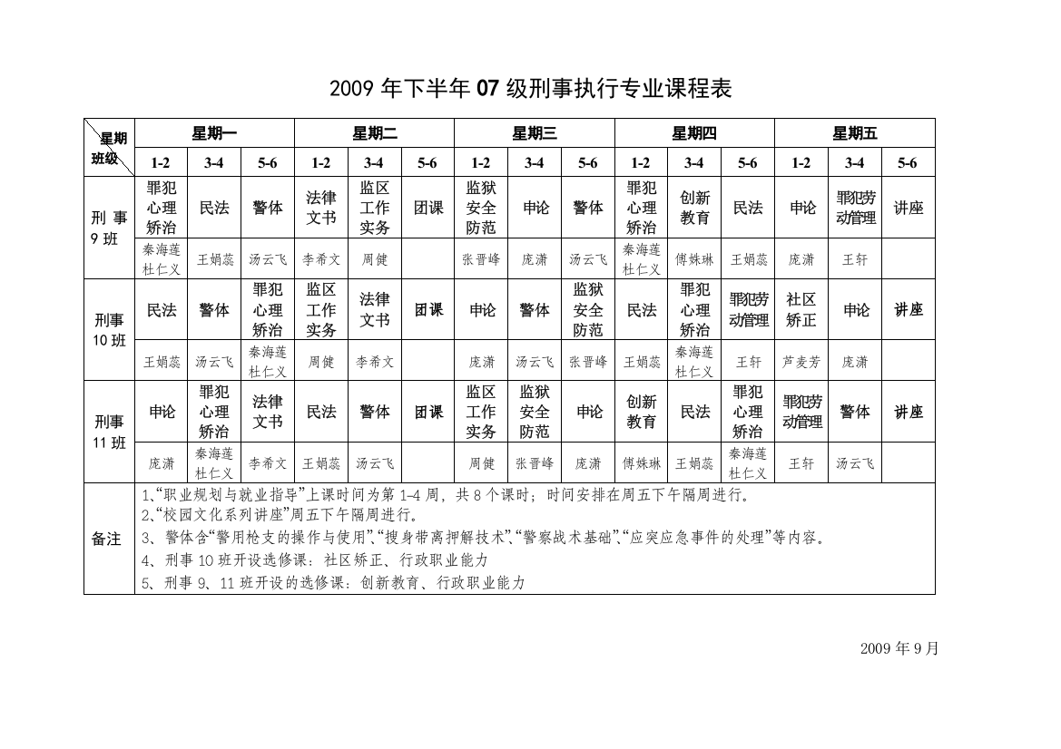 山西警官职业学院下半年课程表