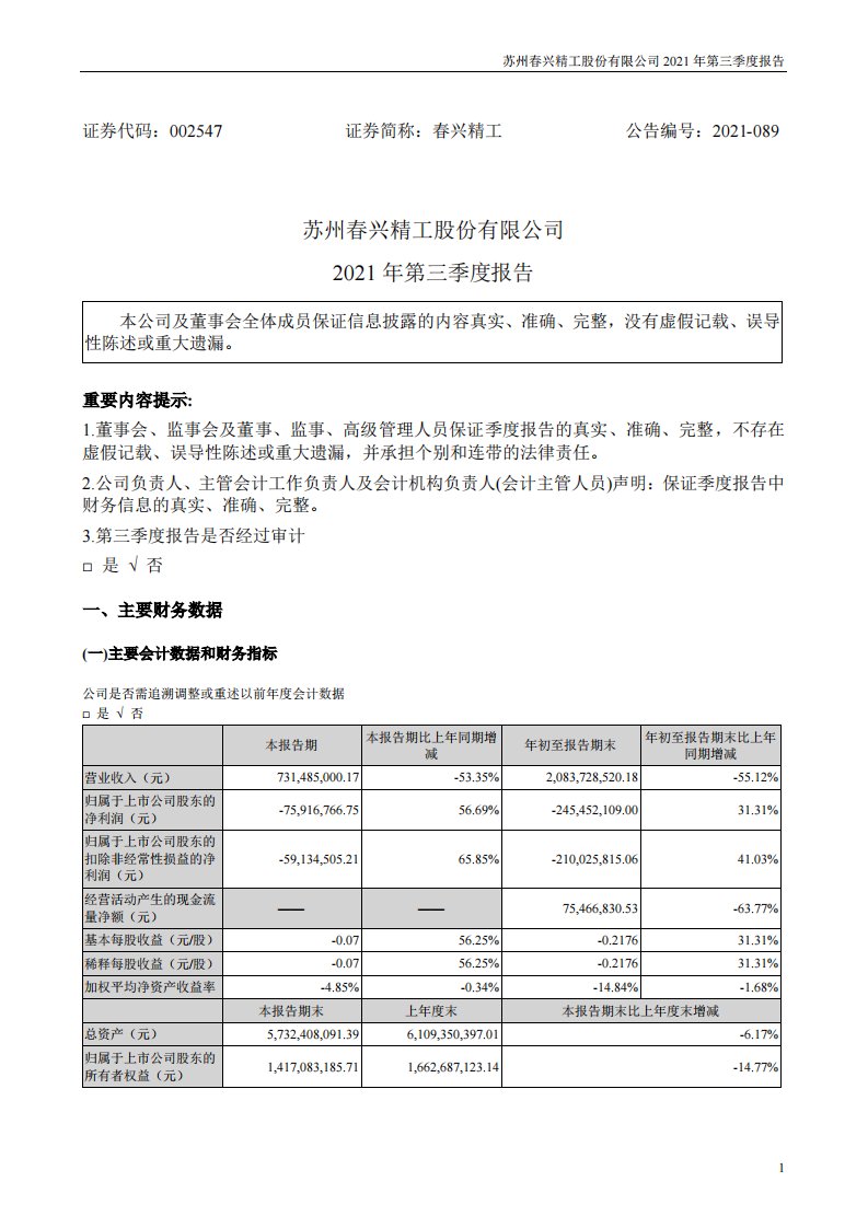 深交所-春兴精工：2021年第三季度报告-20211030