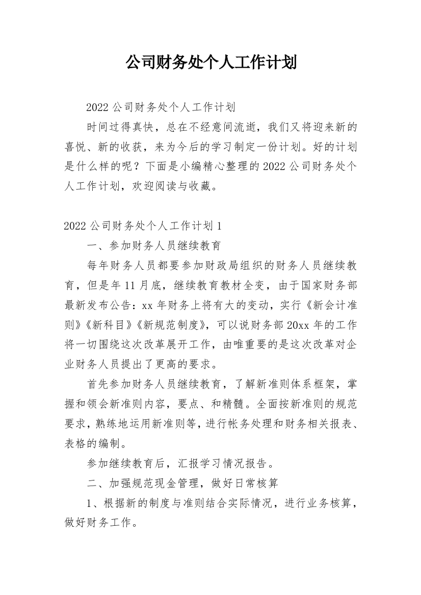 公司财务处个人工作计划