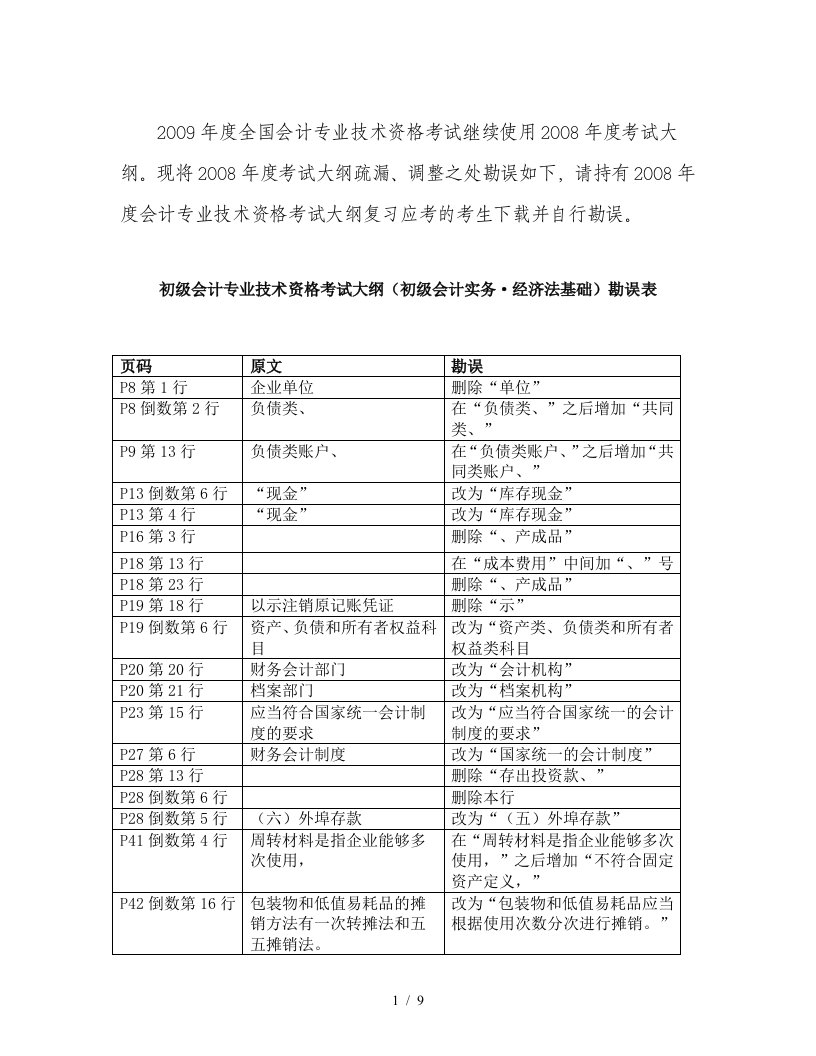 某年度全国会计专业技术资格考试大纲勘误表