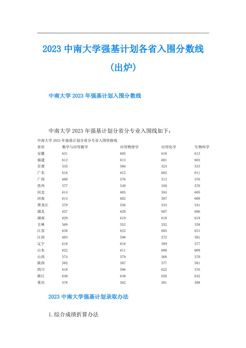 中南大学强基计划各省入围分数线(出炉)