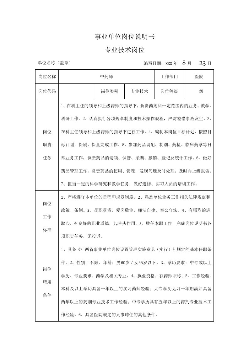 建筑资料-中药师岗位说明书