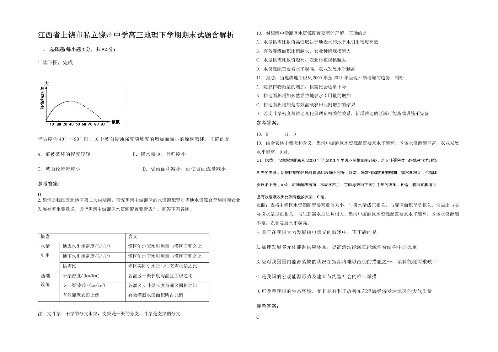 江西省上饶市私立饶州中学高三地理下学期期末试题含解析