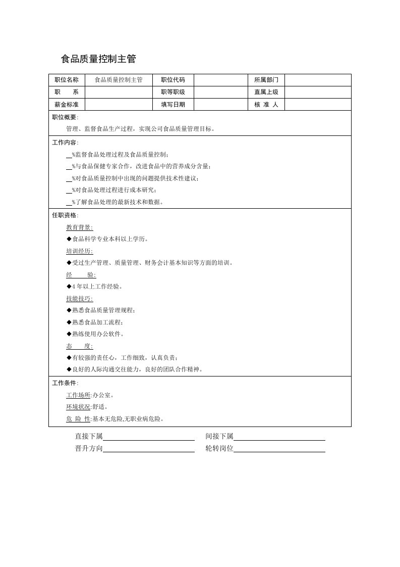 食品质量控制主管职位说明书