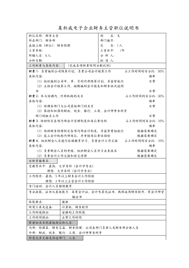 电子行业-积成电子企业财务主管职位说明书