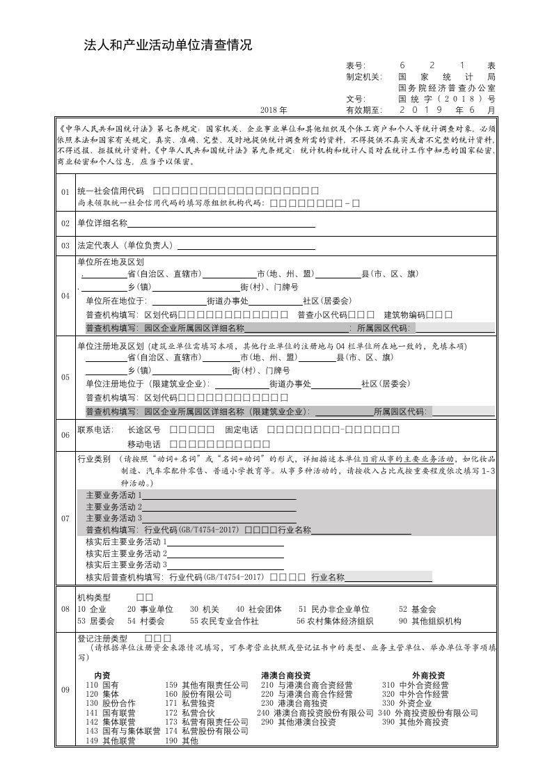 法人和产业活动单位清查情况(621表)