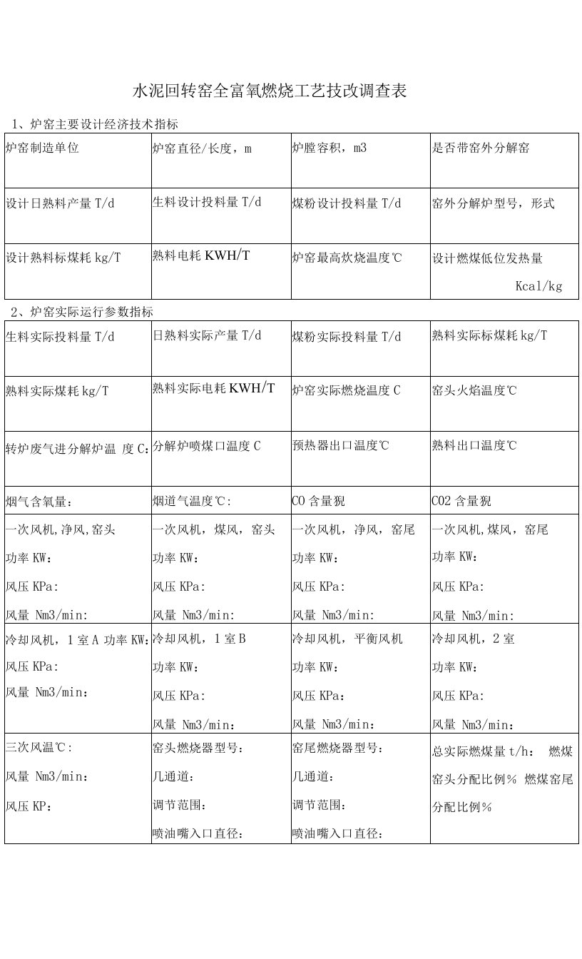 水泥回转窑全富氧燃烧工艺技改调查表