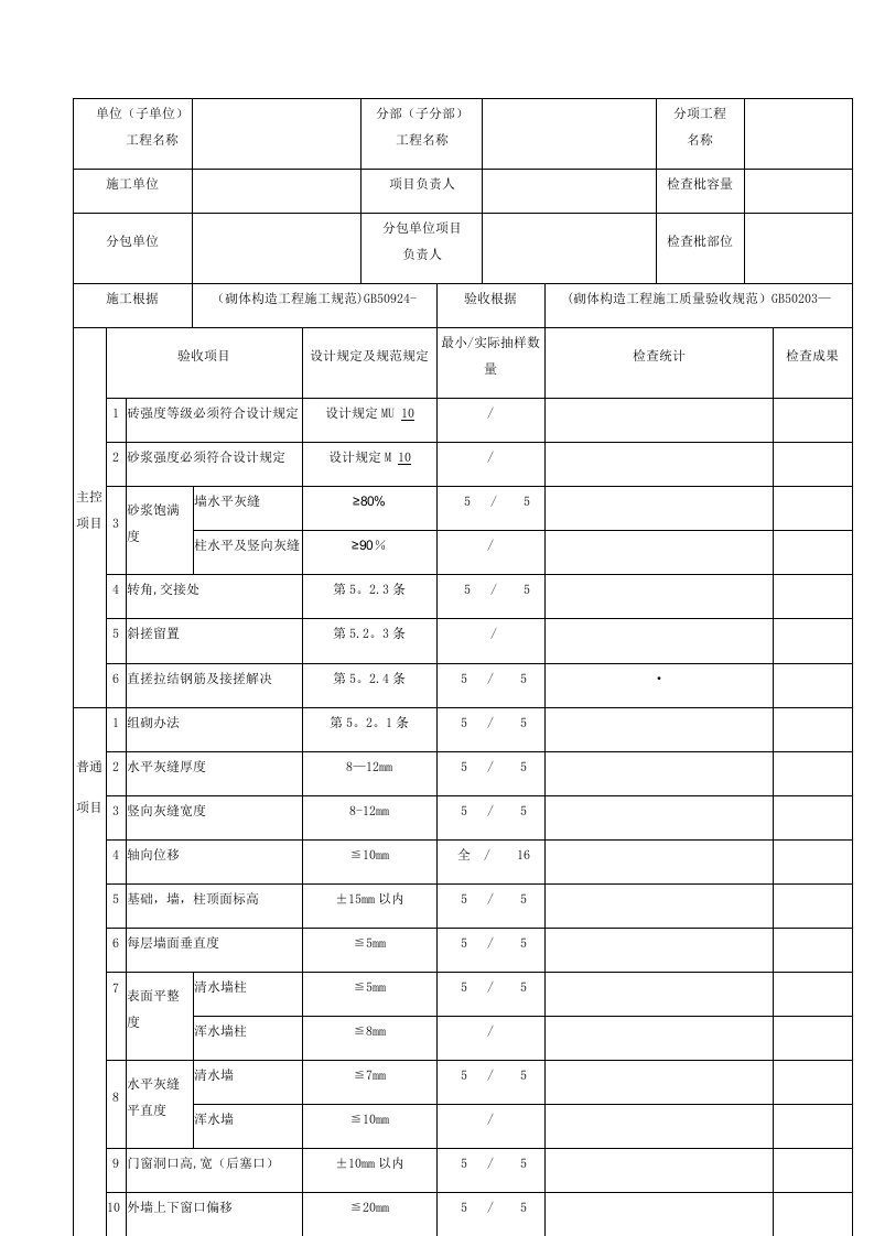 砖砌体检验批质量验收记录