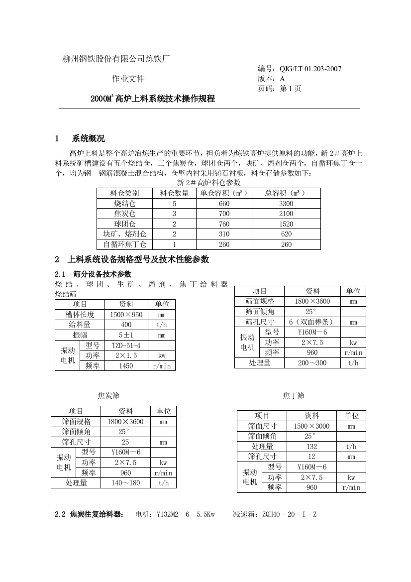 2000高炉上料系统技术操作规程